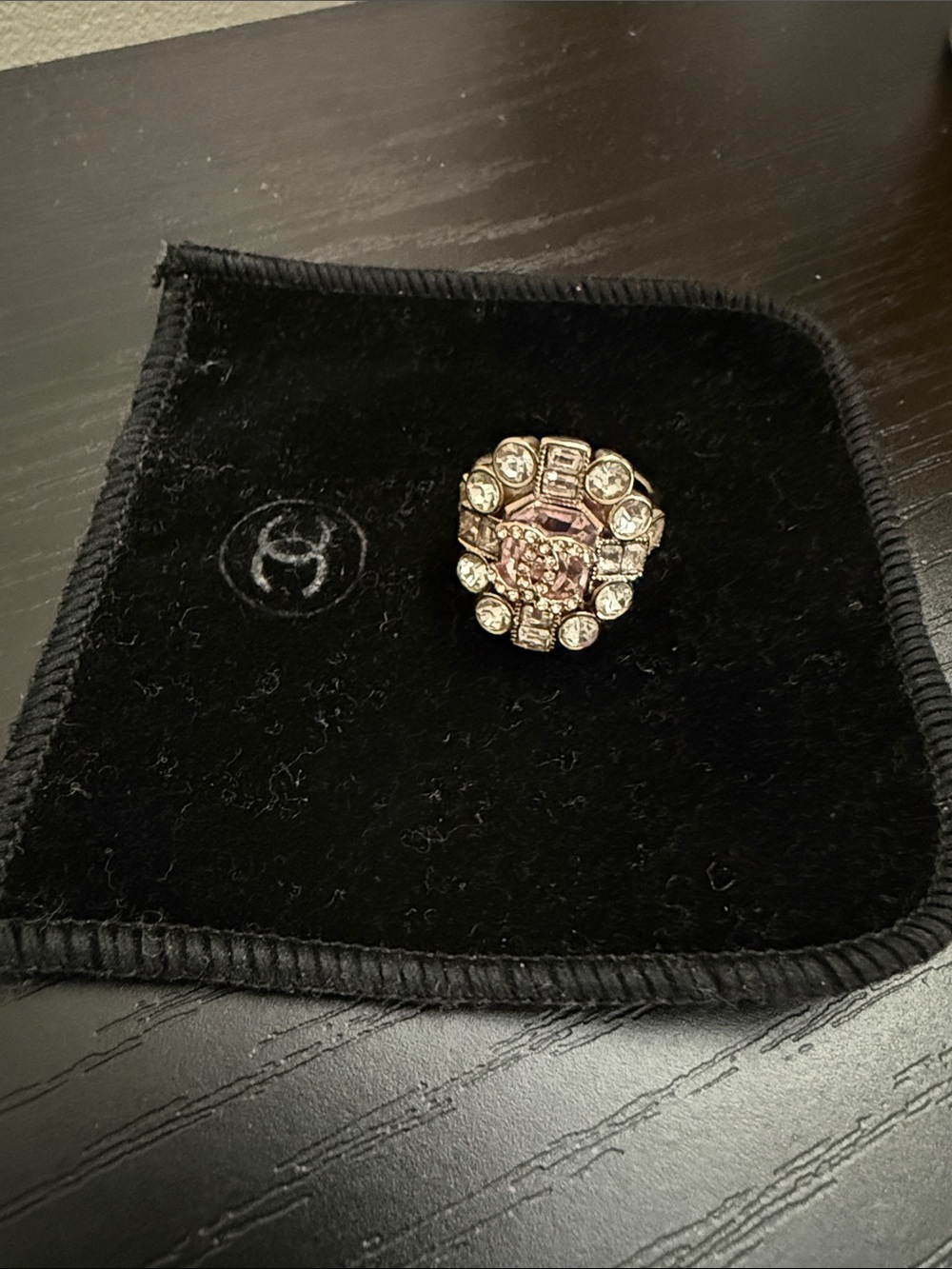 CHANEL Pink and Gold Crystal Cluster Ring